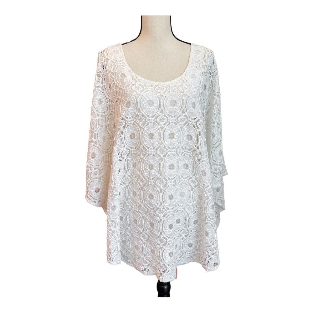 Nookie Beach Womens Swim Cover-Up White Eyelet Short Cape Sleeve Boho Solid 8